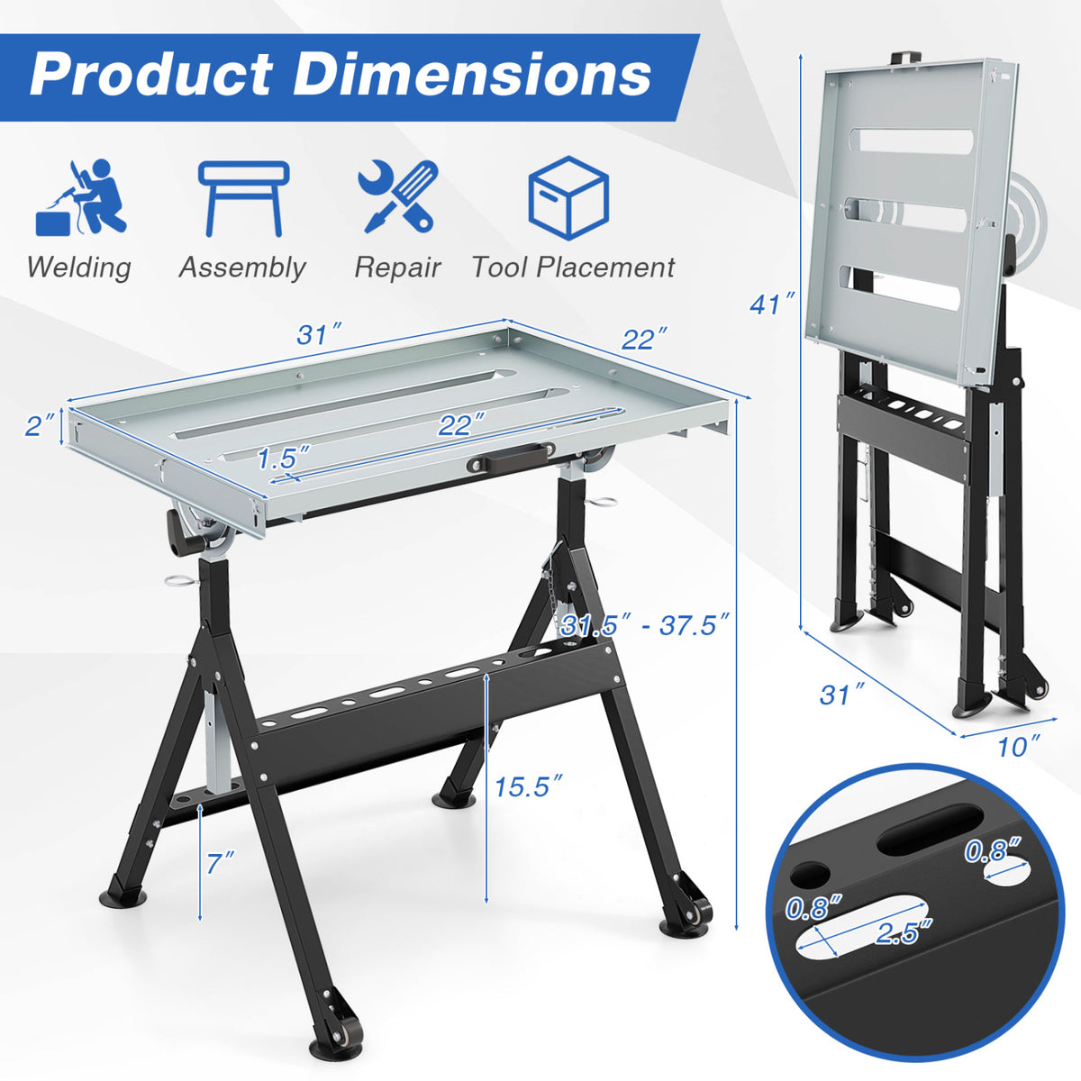 Folding Welding Table, 4-Level Height Workbench – Black