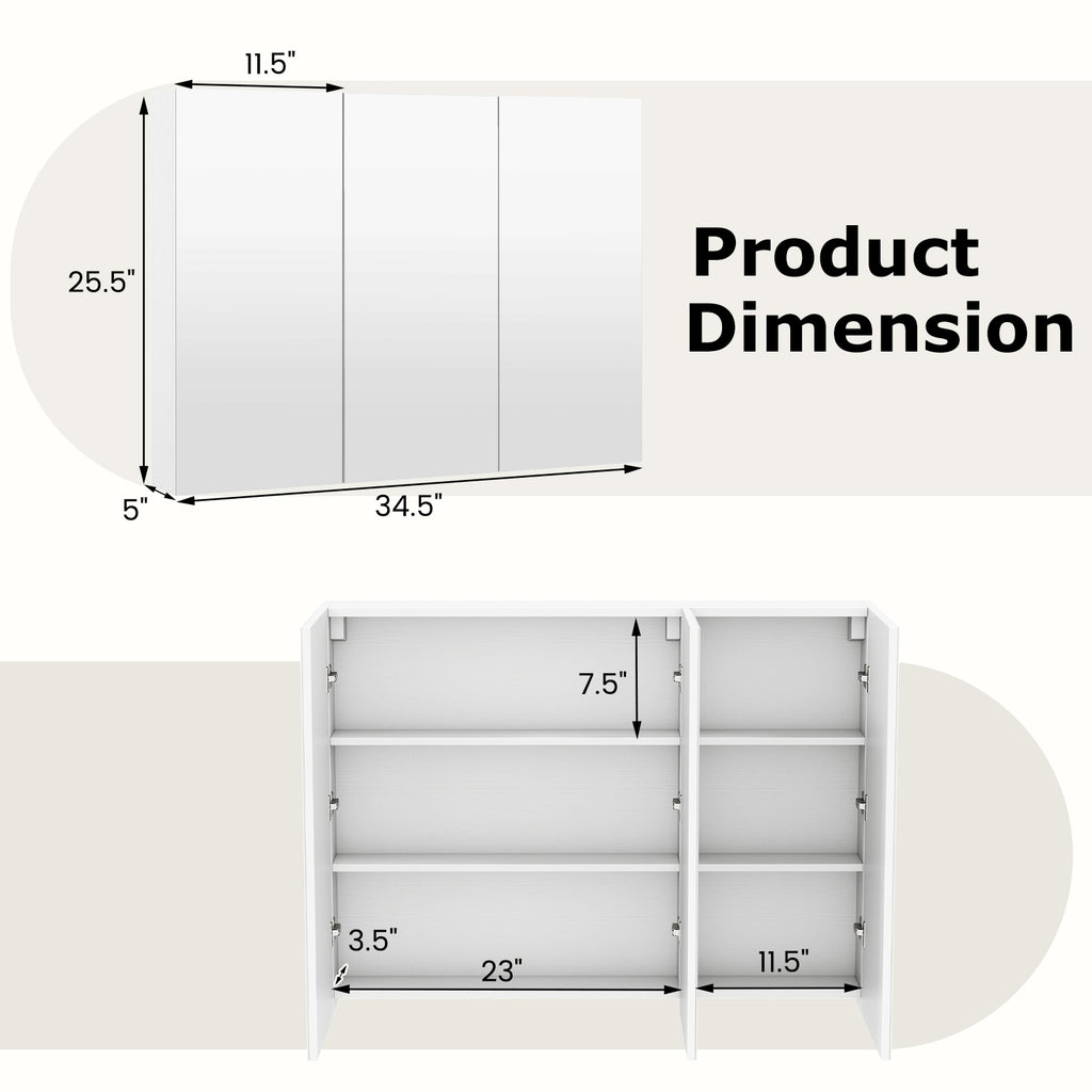 3-Door Mirrored Bathroom Cabinet, Recessed Mount – Frameless