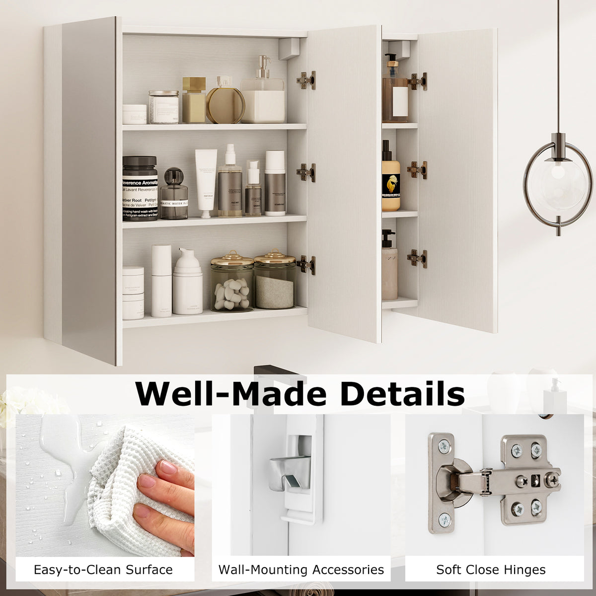 3-Door Mirrored Bathroom Cabinet, Recessed Mount – Frameless