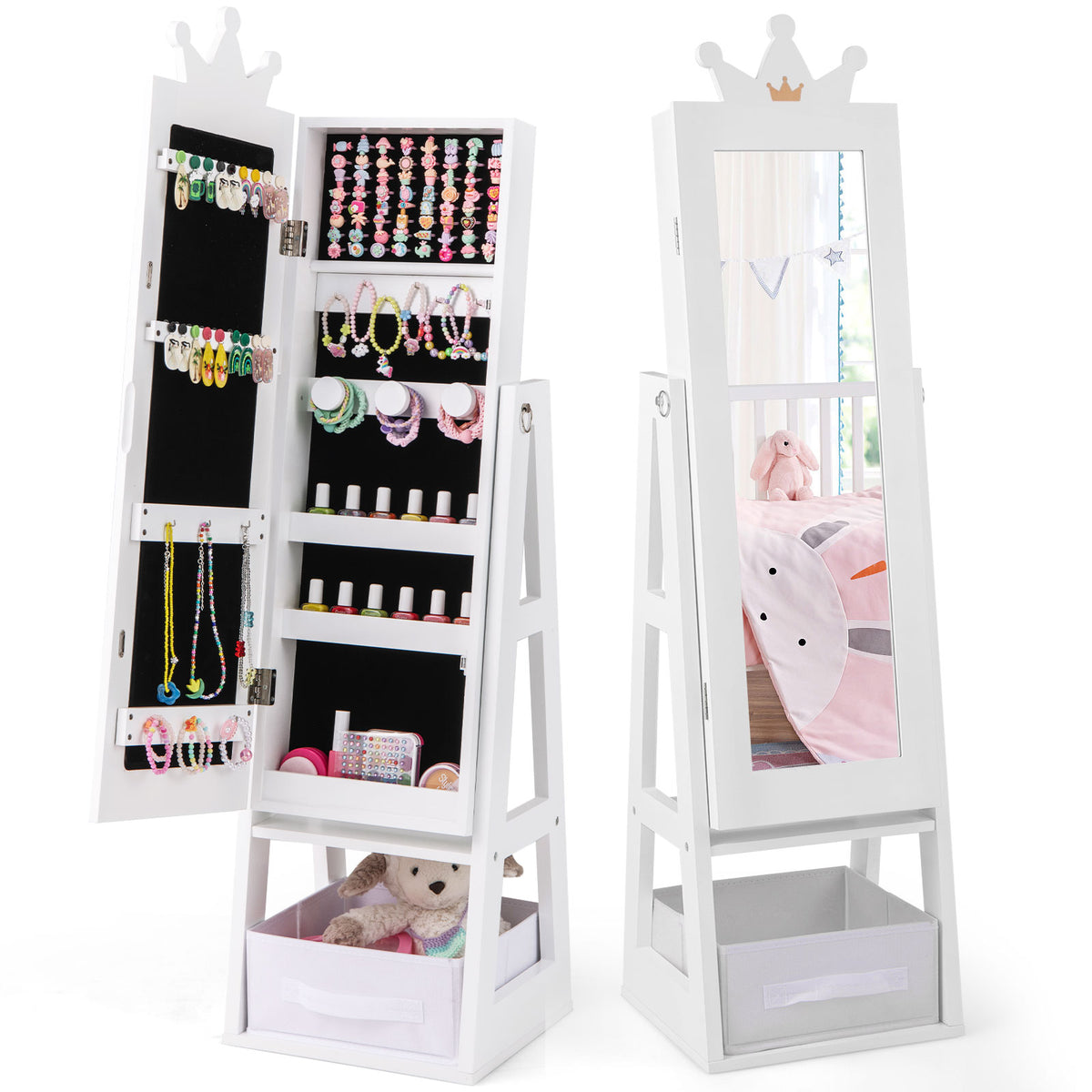 Kids Jewelry Armoire Cabinet with Full-Length Mirror White Crown Variation