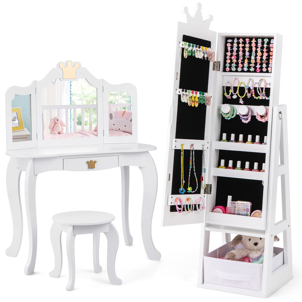 Kids Jewelry Armoire Cabinet with Full-Length Mirror White Crown Variation