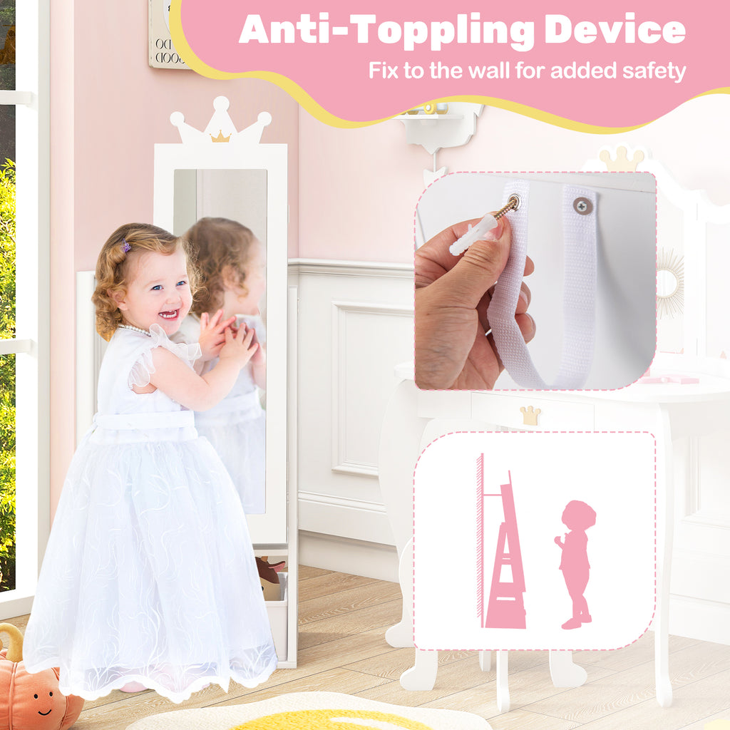 Kids Jewelry Armoire Cabinet with Full-Length Mirror White Crown Variation