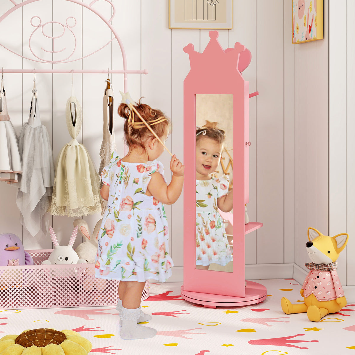 Pink Kids Jewelry Armoire Mirror Cabinet with Storage & Swivel Base