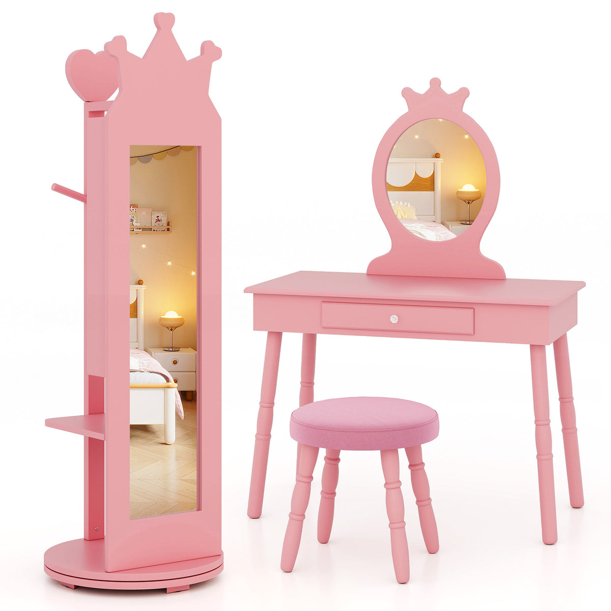 Pink Kids Jewelry Armoire Mirror Cabinet with Storage & Swivel Base