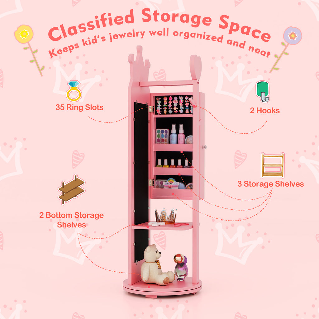 Pink Kids Jewelry Armoire Mirror Cabinet with Storage & Swivel Base