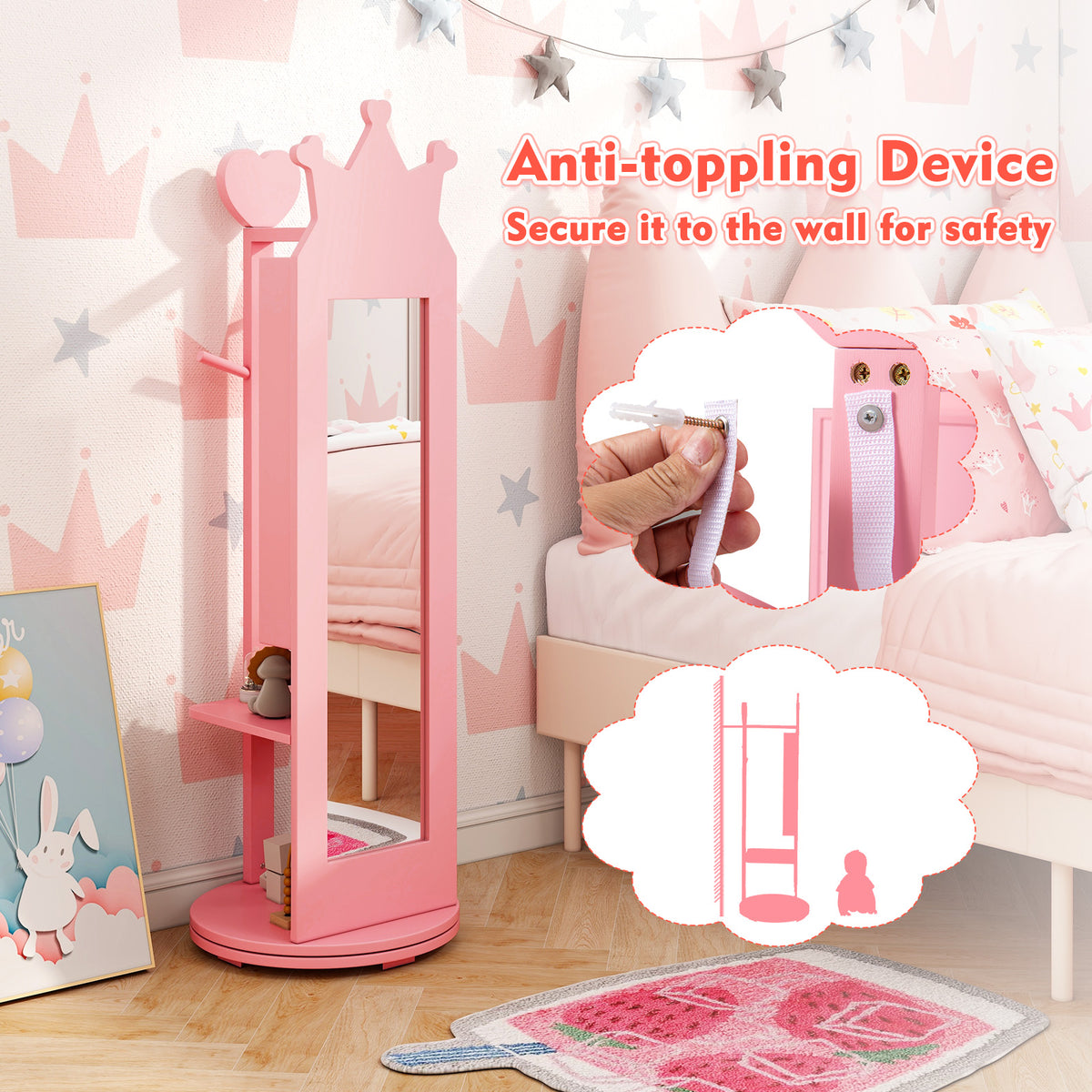 Pink Kids Jewelry Armoire Mirror Cabinet with Storage & Swivel Base