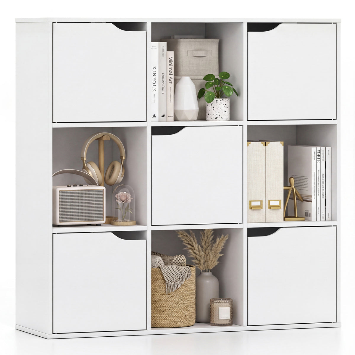 9-Cube Wooden Bookcase with Cabinet Storage - White