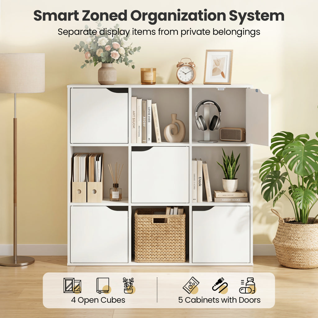 9-Cube Wooden Bookcase with Cabinet Storage - White