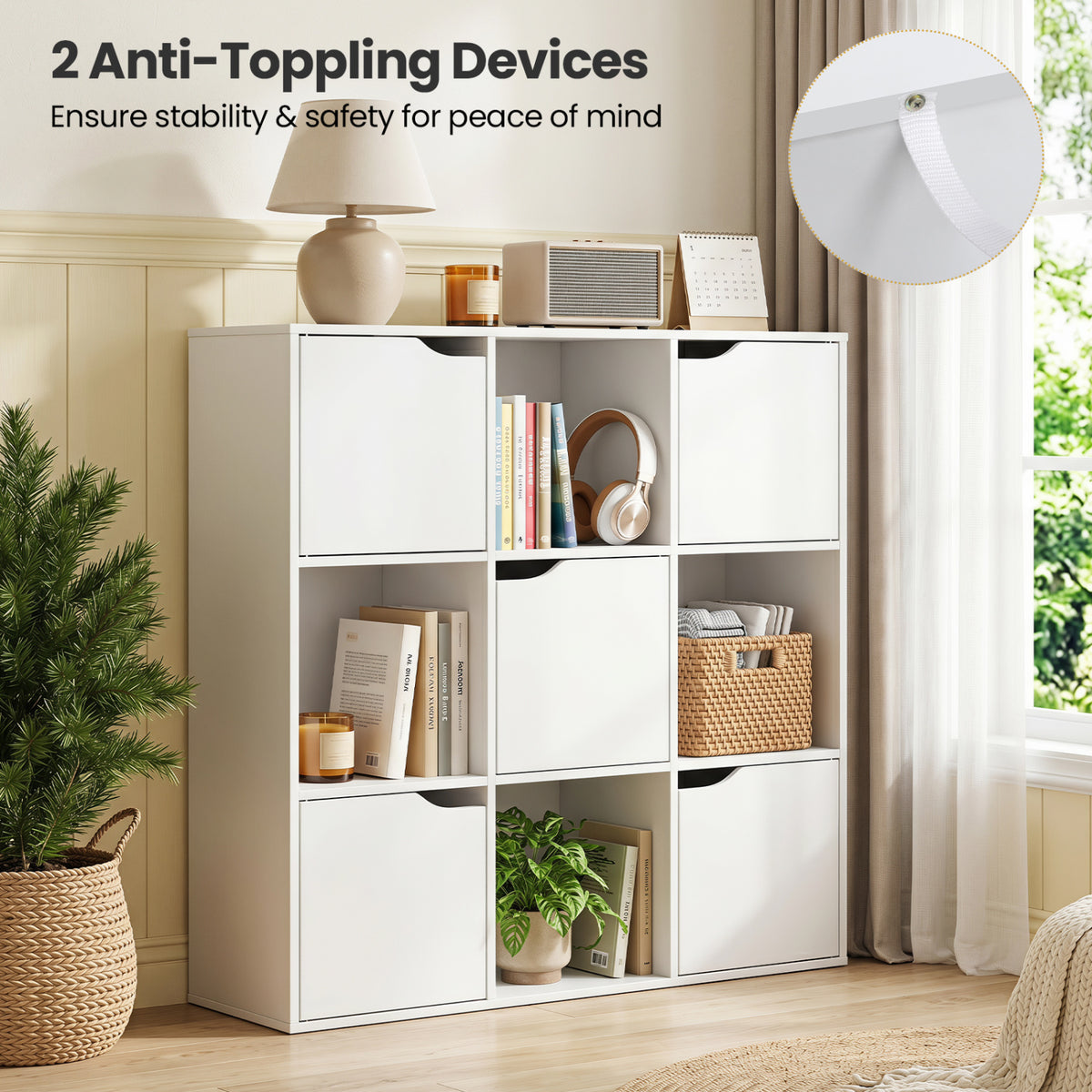 9-Cube Wooden Bookcase with Cabinet Storage - White