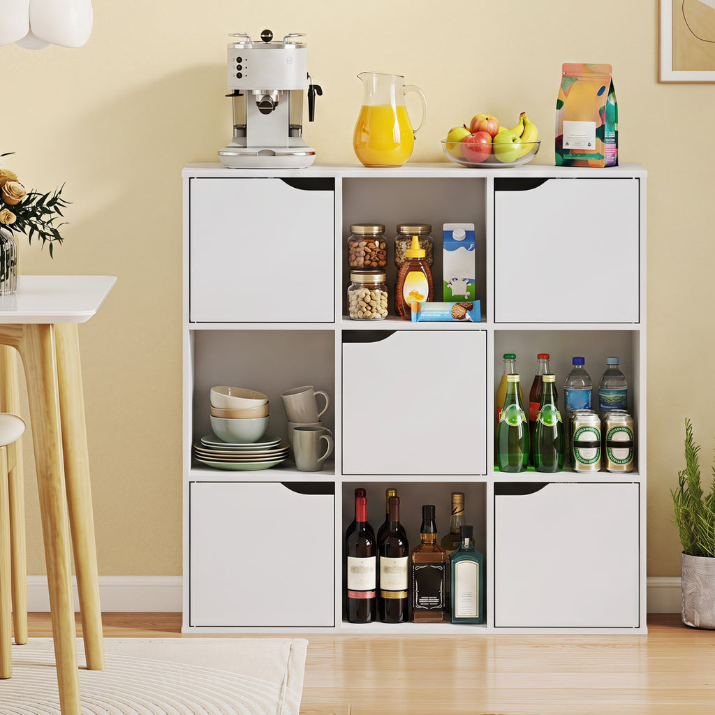 9-Cube Wooden Bookcase with Cabinet Storage - White