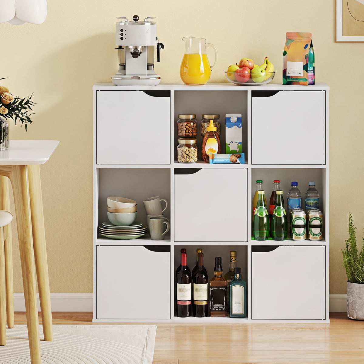 9-Cube Wooden Bookcase with Cabinet Storage - White
