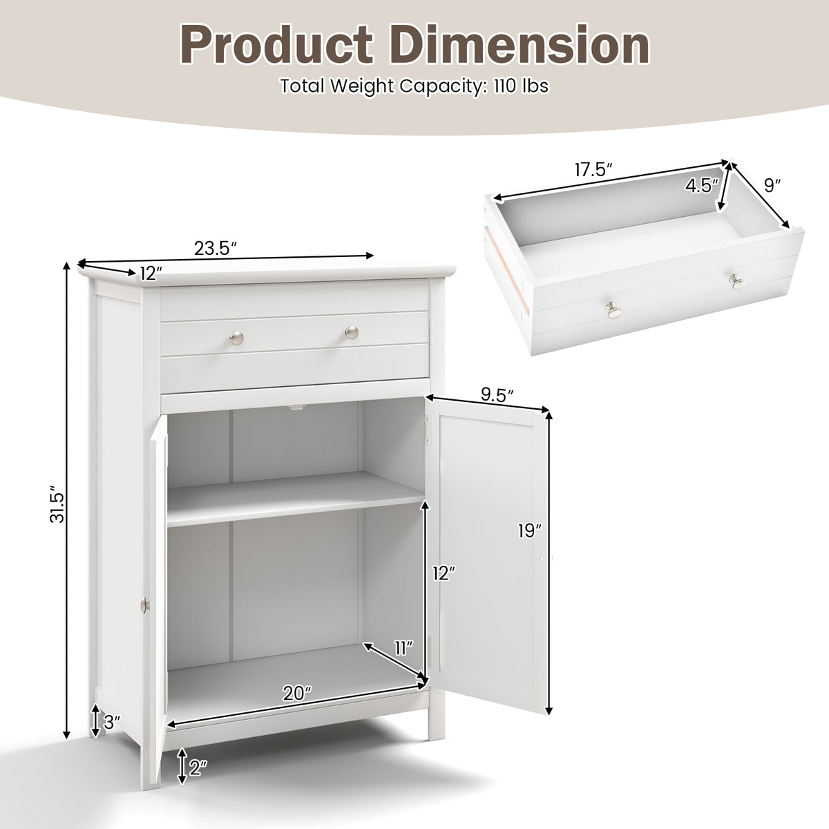 2-Door Freestanding Bathroom Cabinet with Drawer and Adjustable Shelf