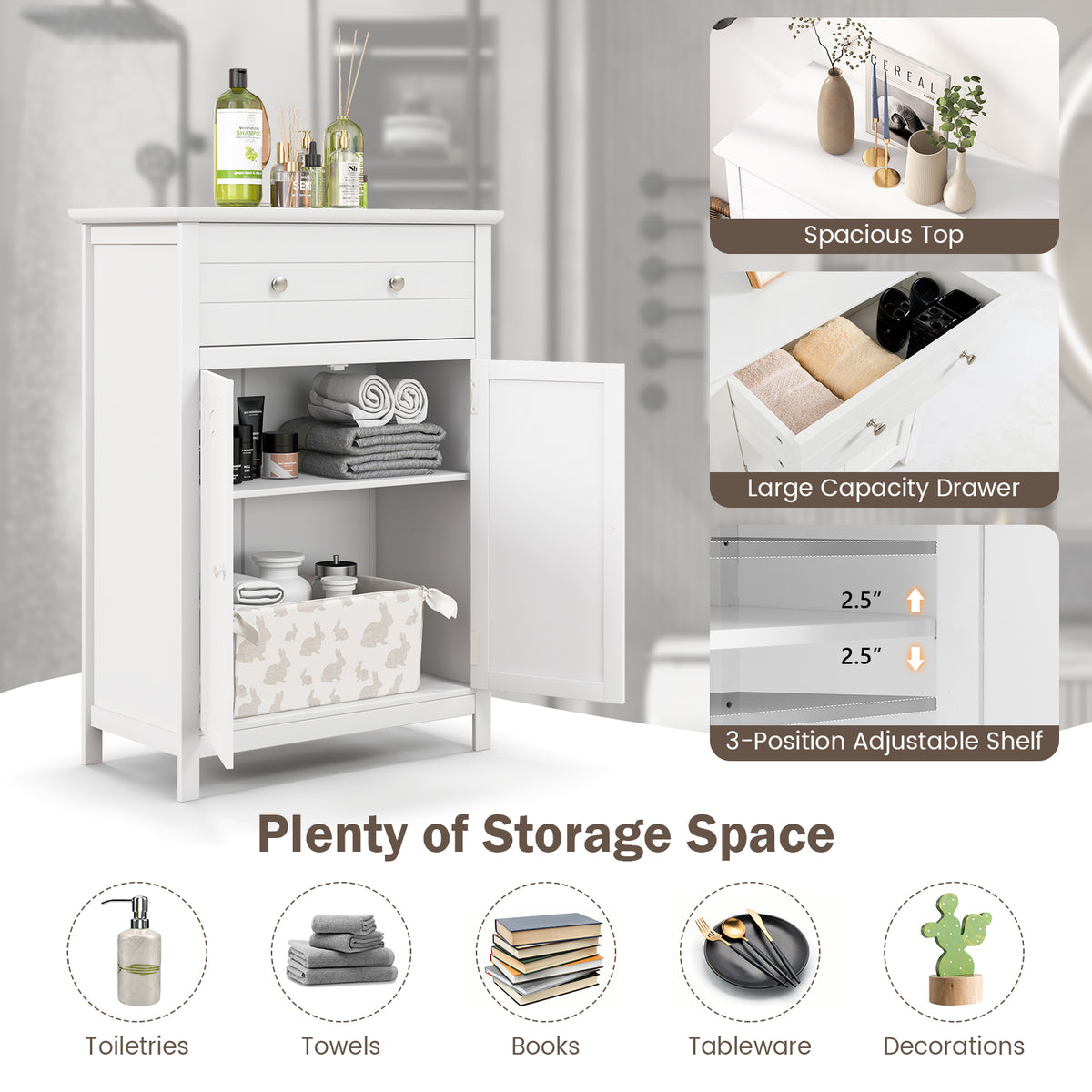 2-Door Freestanding Bathroom Cabinet with Drawer and Adjustable Shelf