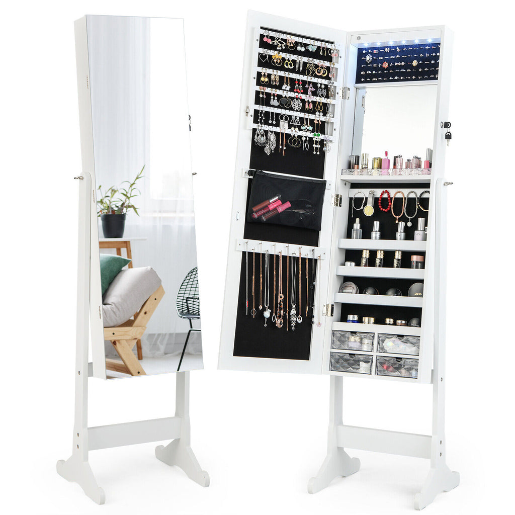 Full Length Jewelry Armoire with LED Lights - White