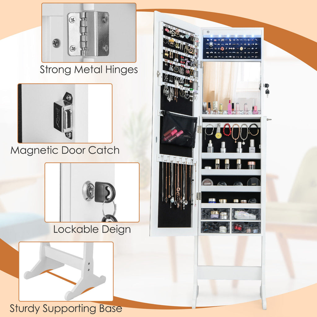 Full Length Jewelry Armoire with LED Lights - White