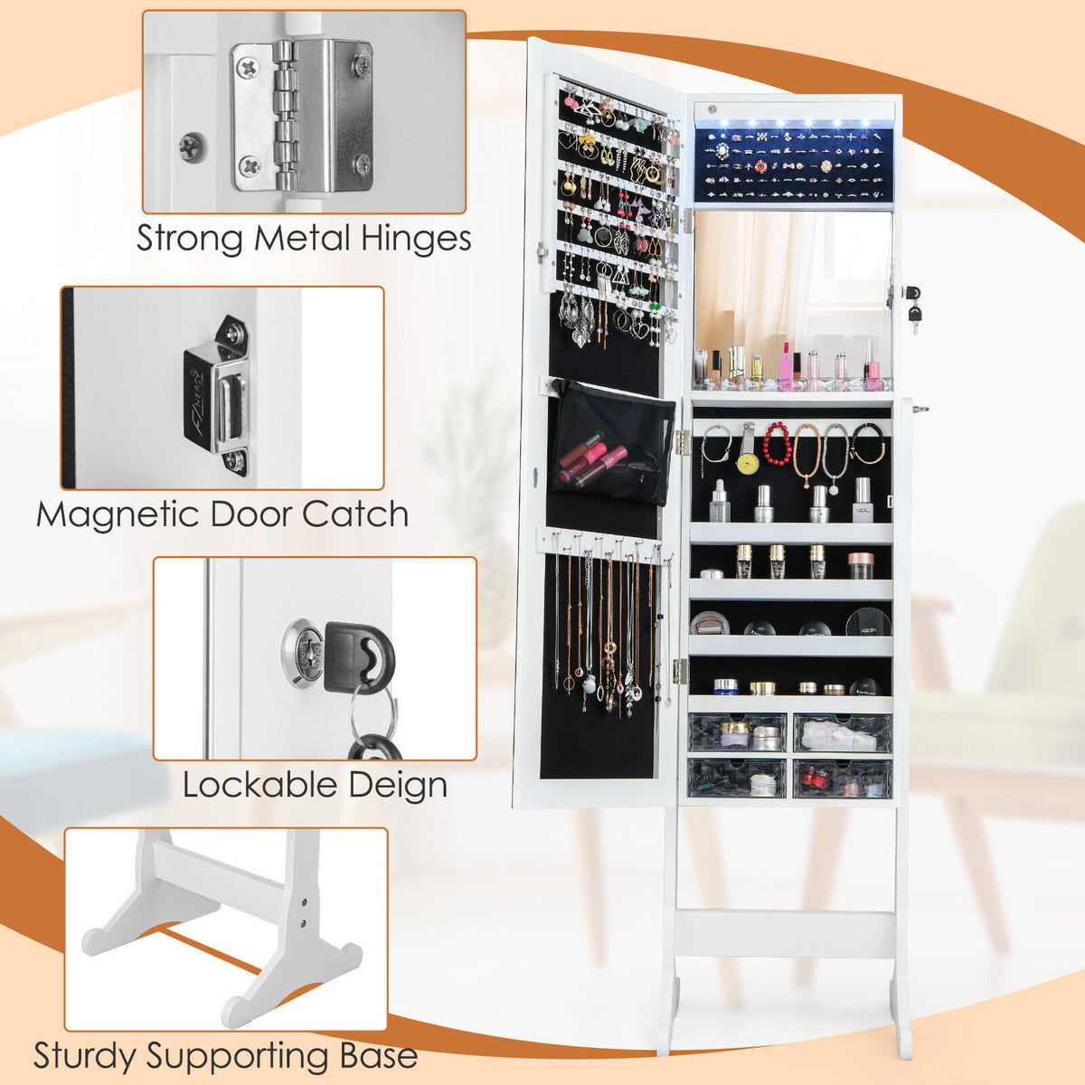 Full Length Jewelry Armoire with LED Lights - White