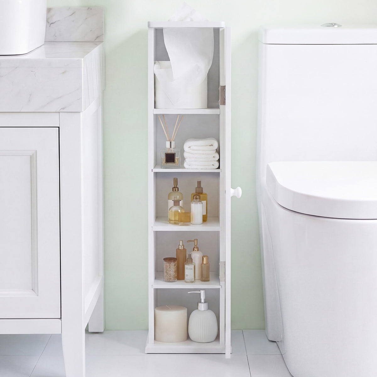 Free Standing Toilet Paper Holder with 4 Shelves and Top Slot for