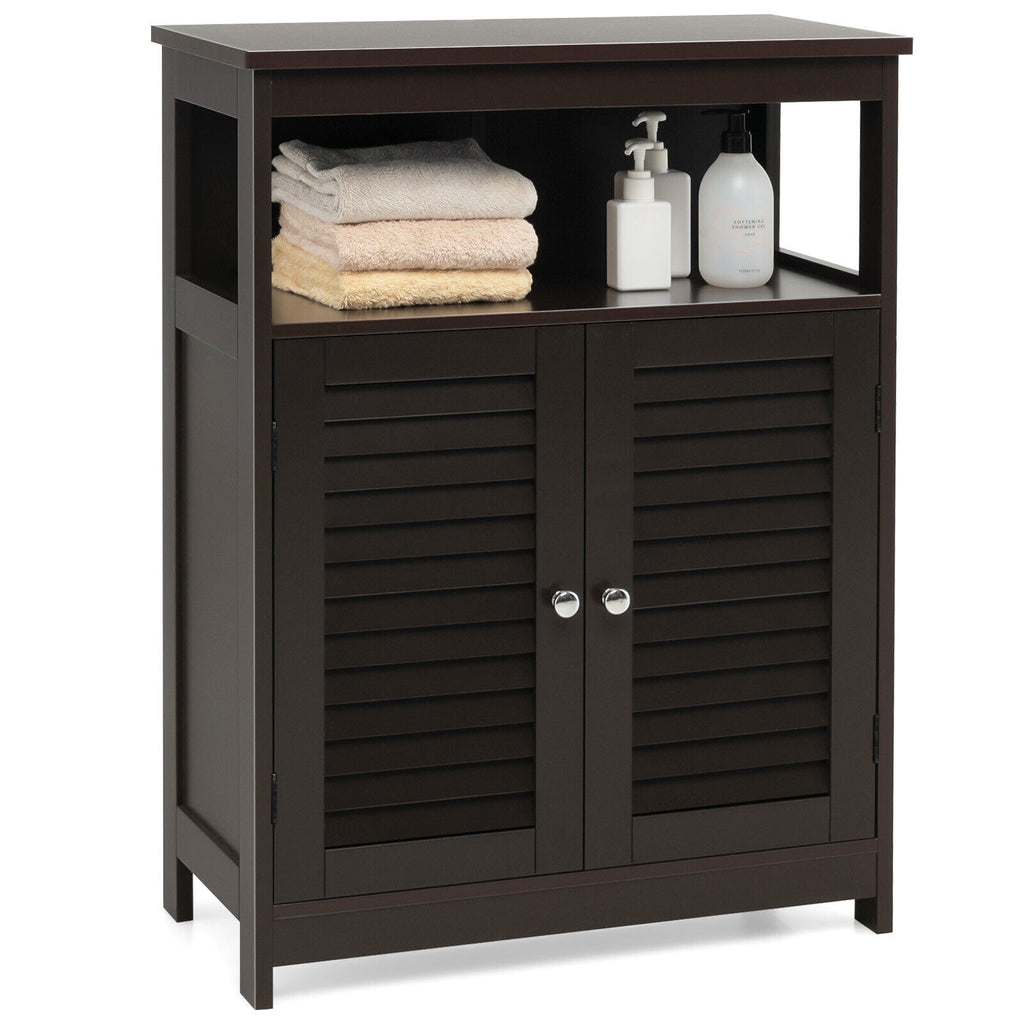Wood Freestanding Bathroom Storage Cabinet with Double Doors - Brown with Backboard