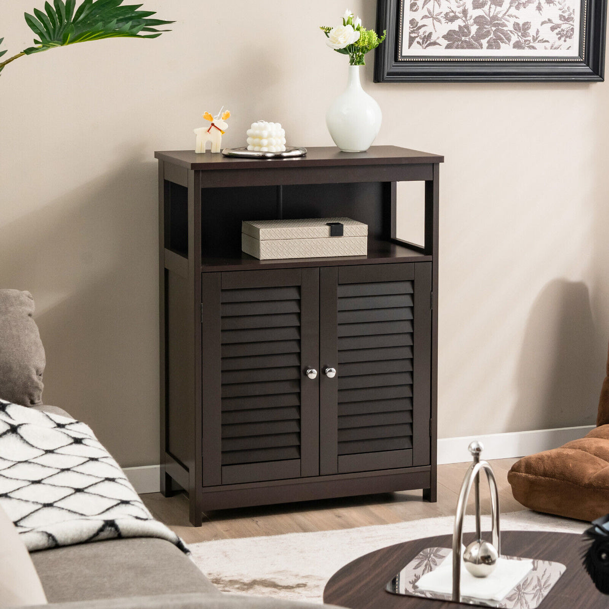 Wood Freestanding Bathroom Storage Cabinet with Double Doors - Brown with Backboard