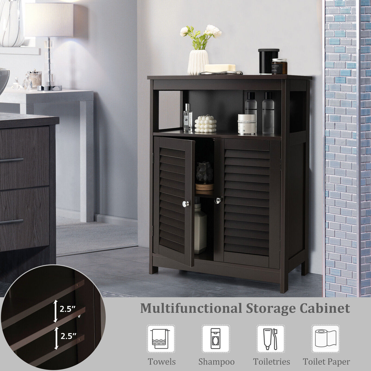 Wood Freestanding Bathroom Storage Cabinet with Double Doors - Brown with Backboard