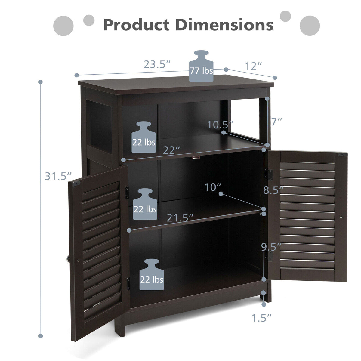 Wood Freestanding Bathroom Storage Cabinet with Double Doors - Brown with Backboard