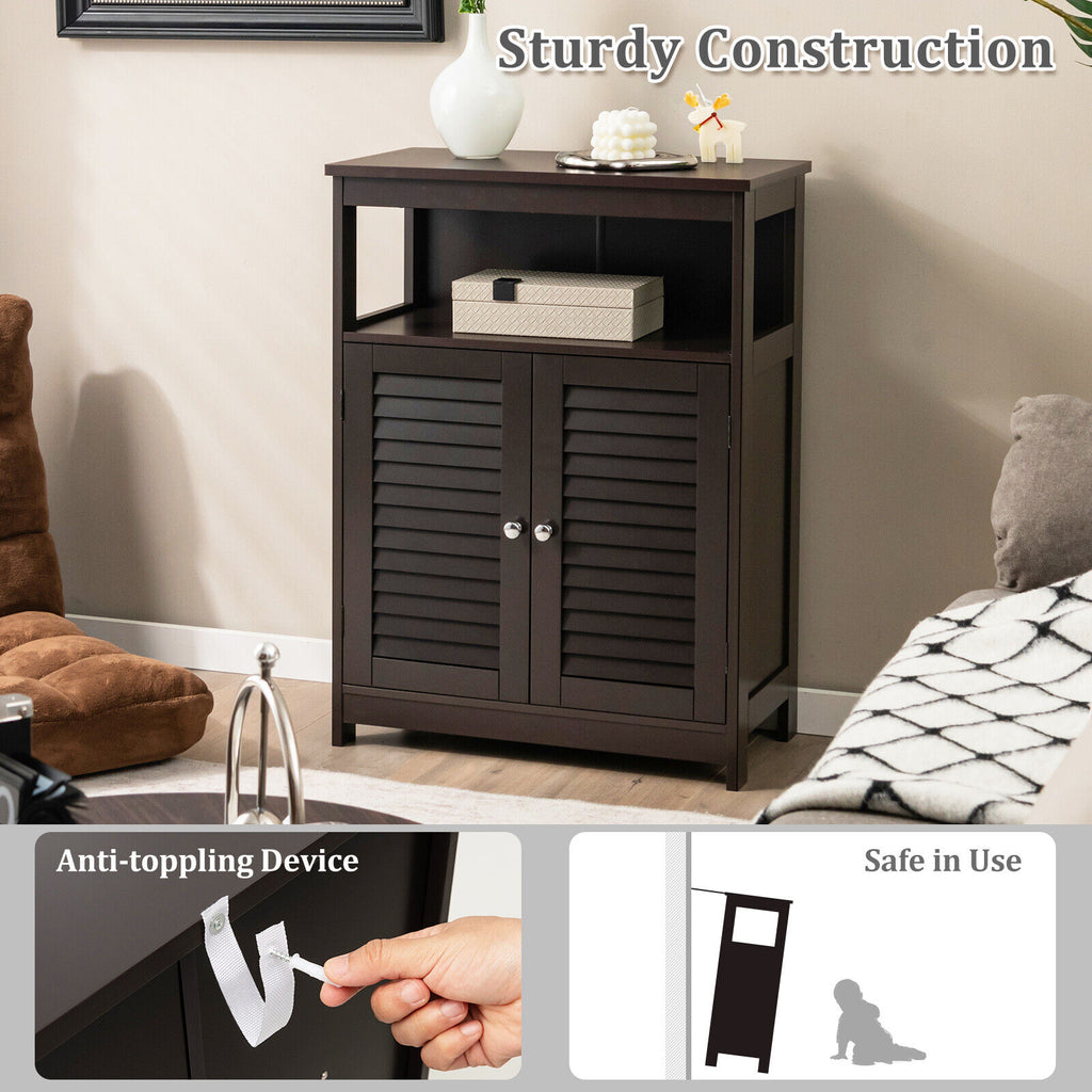 Wood Freestanding Bathroom Storage Cabinet with Double Doors - Brown with Backboard