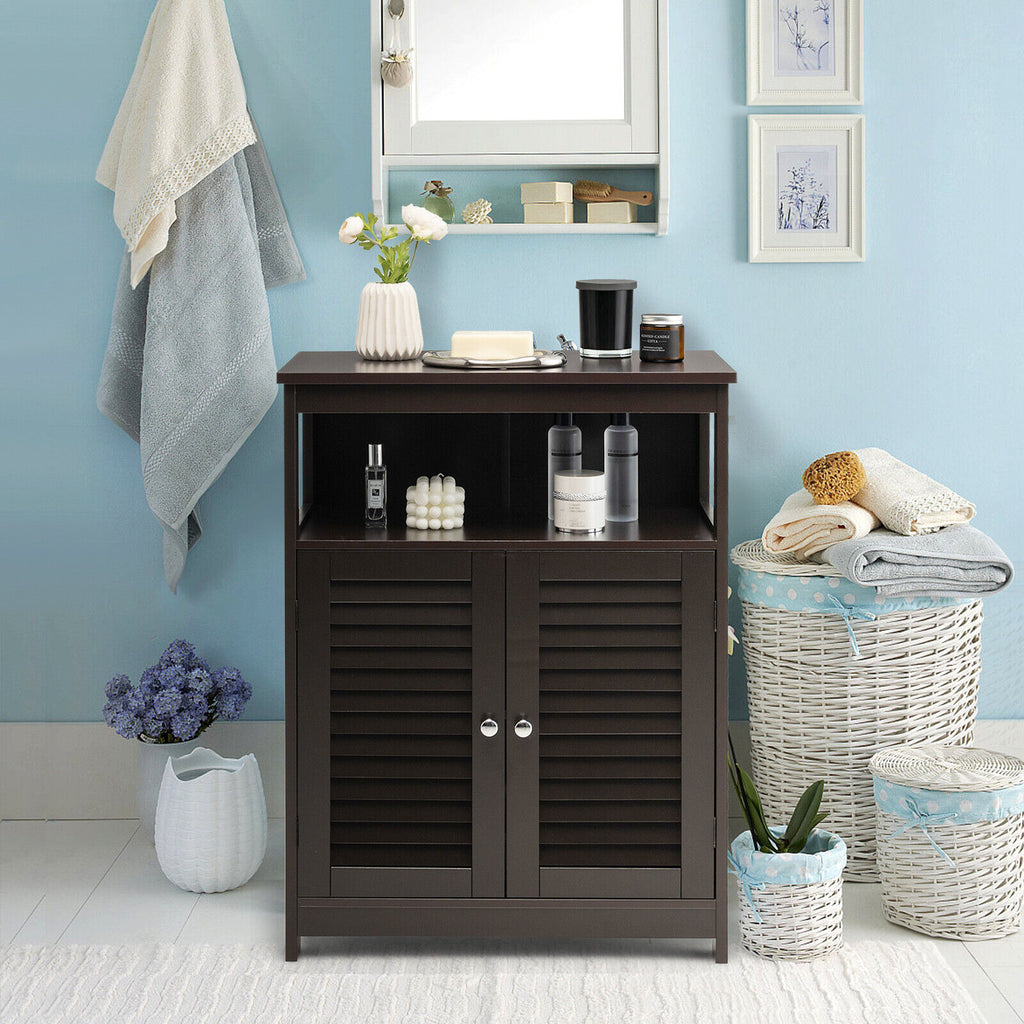 Wood Freestanding Bathroom Storage Cabinet with Double Doors - Brown with Backboard