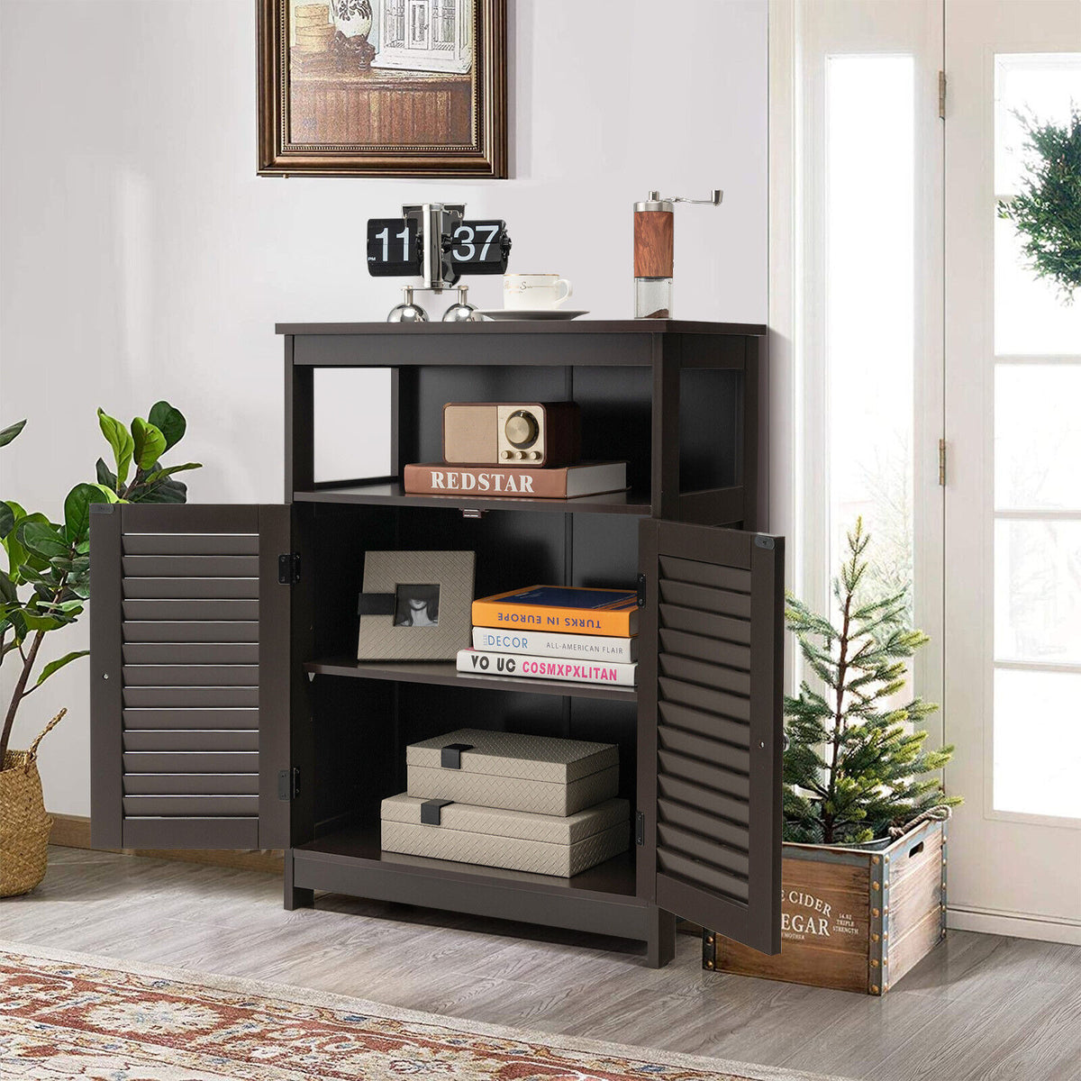 Wood Freestanding Bathroom Storage Cabinet with Double Doors - Brown with Backboard