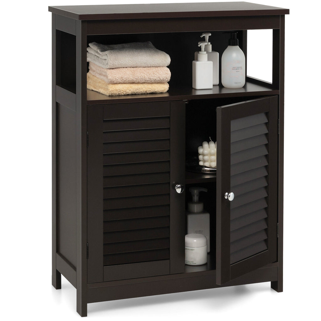 Wood Freestanding Bathroom Storage Cabinet with Double Doors - Brown with Backboard