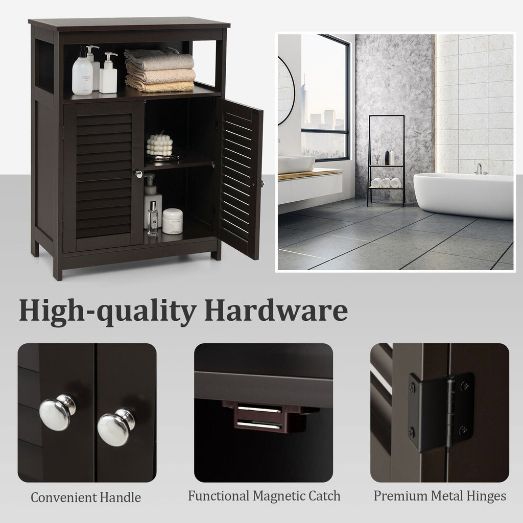 Wood Freestanding Bathroom Storage Cabinet with Double Doors - Brown with Backboard