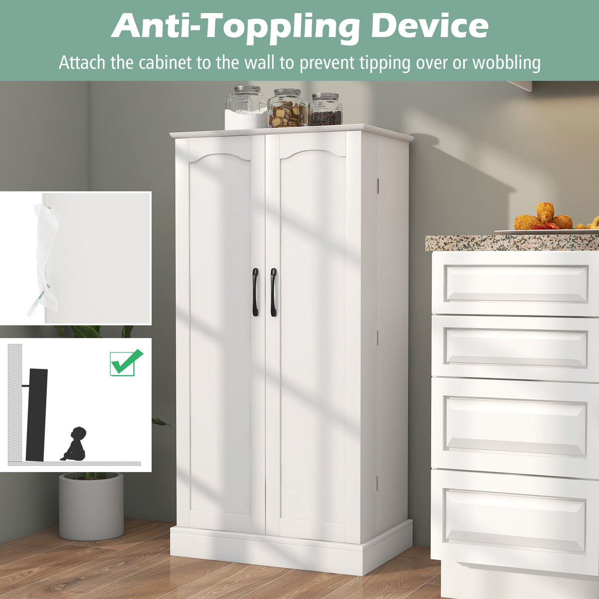 White Sideboard Buffet Cabinet with 2 Doors & Anti-Tipping