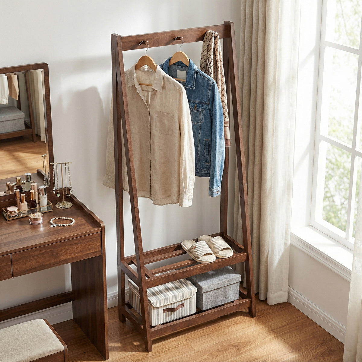 Freestanding Clothes Rack with 3 Hooks and 2 Shelves