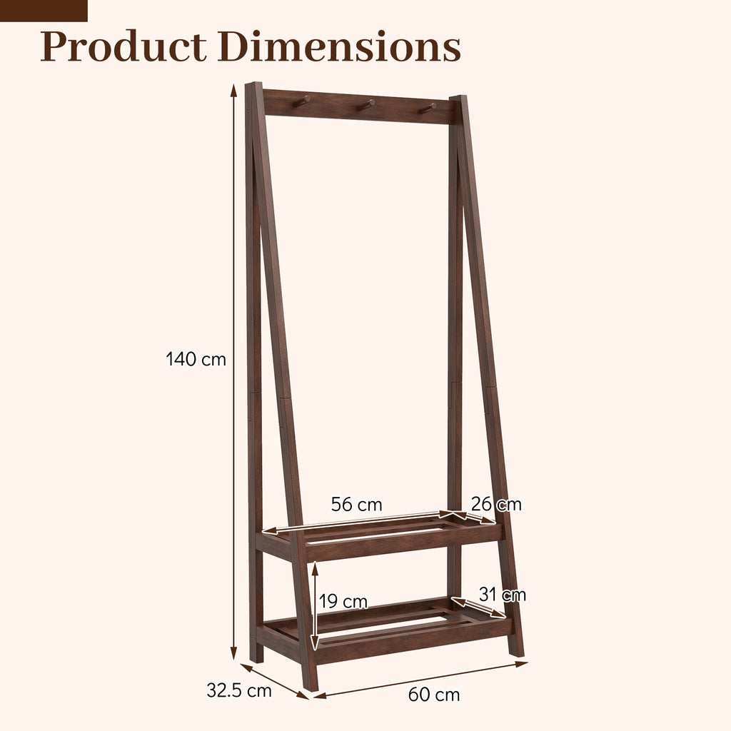 Freestanding Clothes Rack with 3 Hooks and 2 Shelves