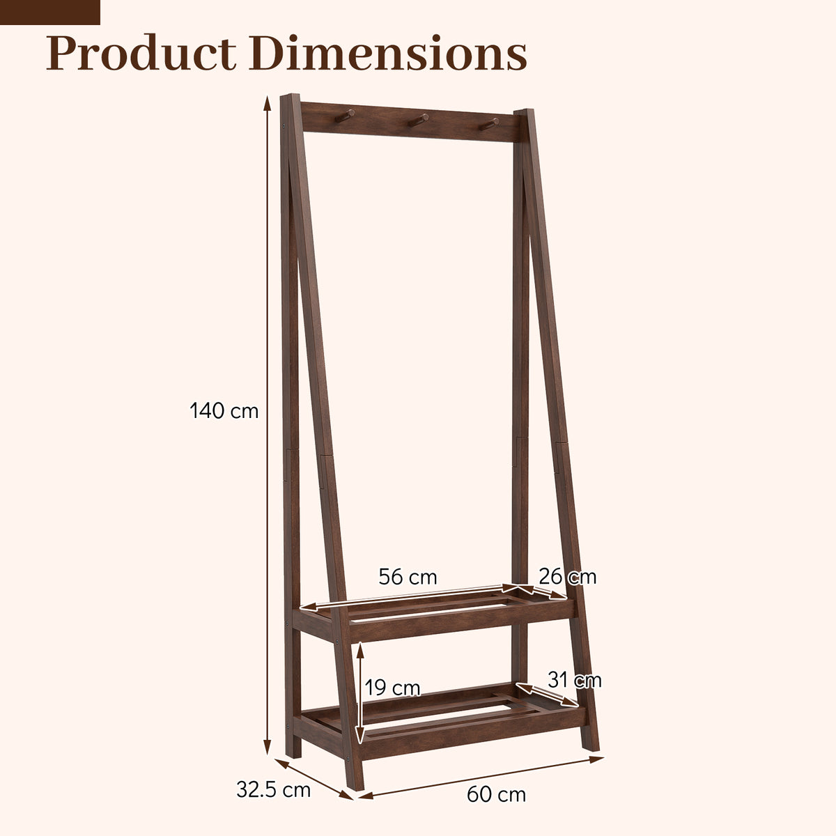 Freestanding Clothes Rack with 3 Hooks and 2 Shelves