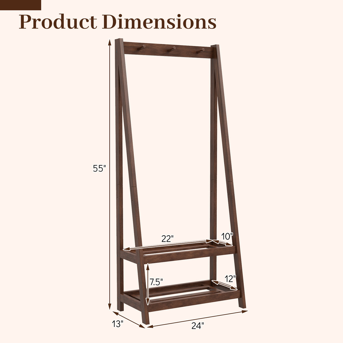 Freestanding Clothes Rack with 3 Hooks and 2 Shelves