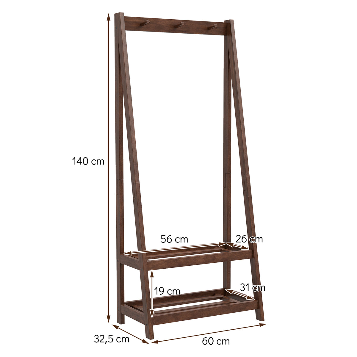 Freestanding Clothes Rack with 3 Hooks and 2 Shelves