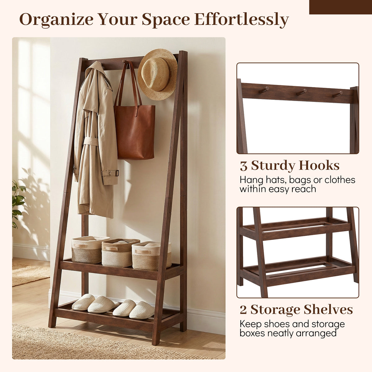 Freestanding Clothes Rack with 3 Hooks and 2 Shelves