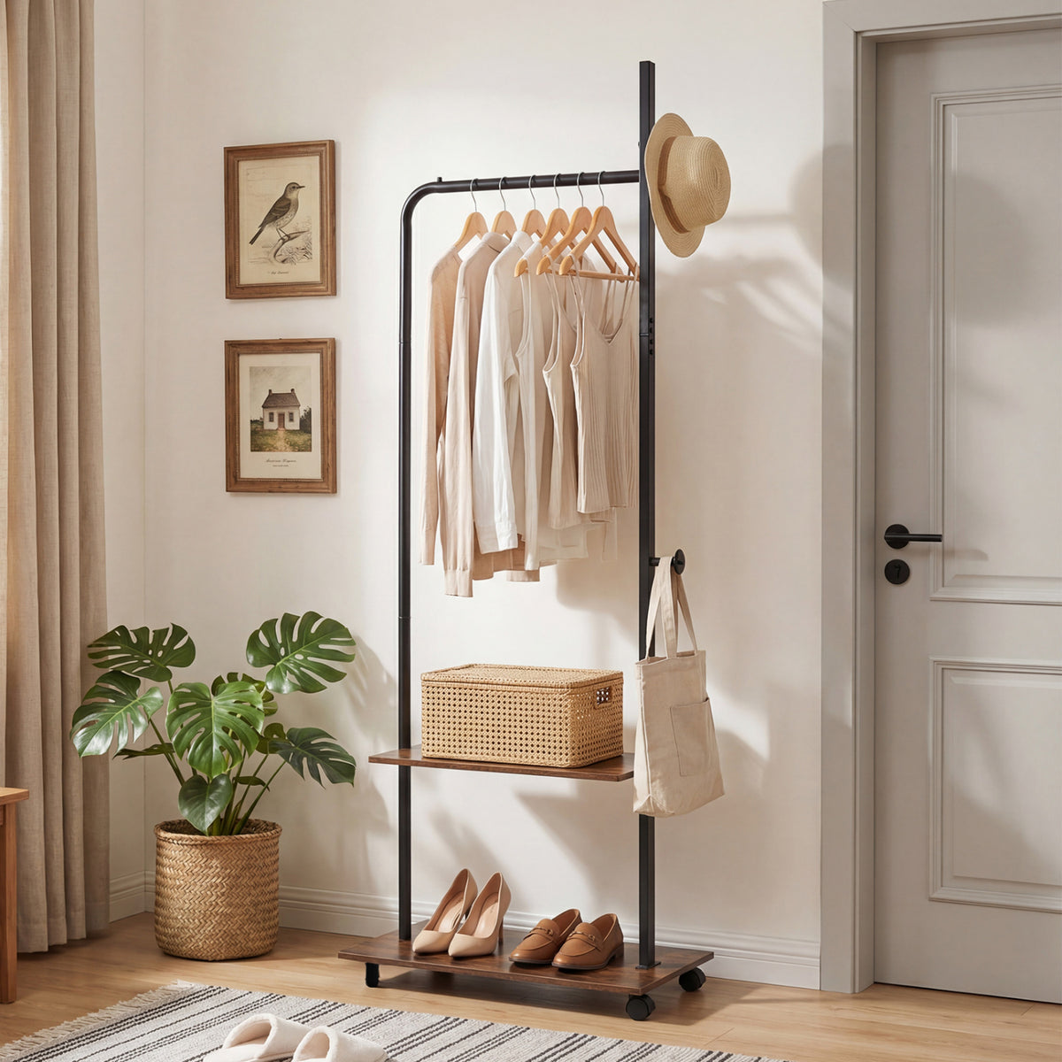 Freestanding Clothing Rack with Wheels & Shelves, Rustic Brown