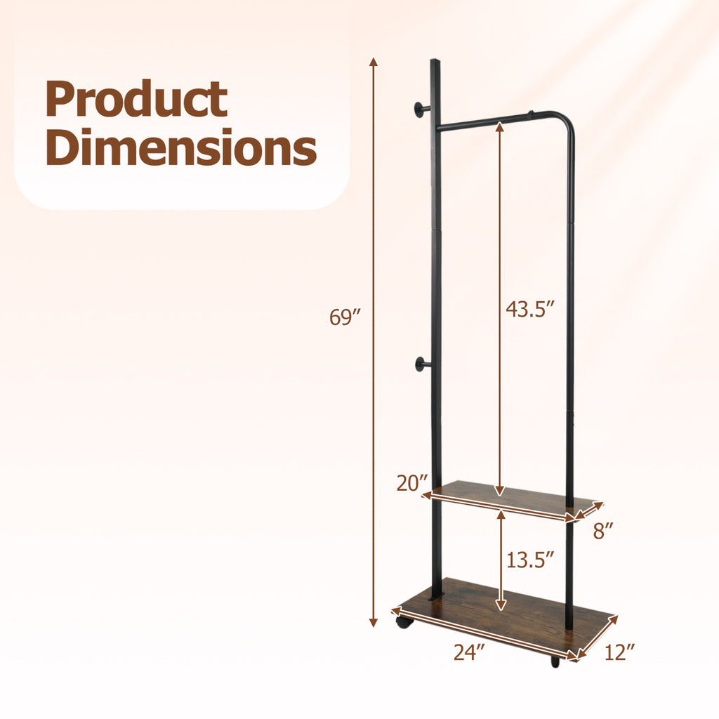 Freestanding Clothing Rack with Wheels & Shelves, Rustic Brown