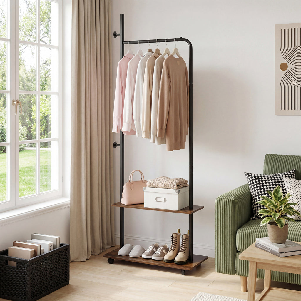 Freestanding Clothing Rack with Wheels & Shelves, Rustic Brown