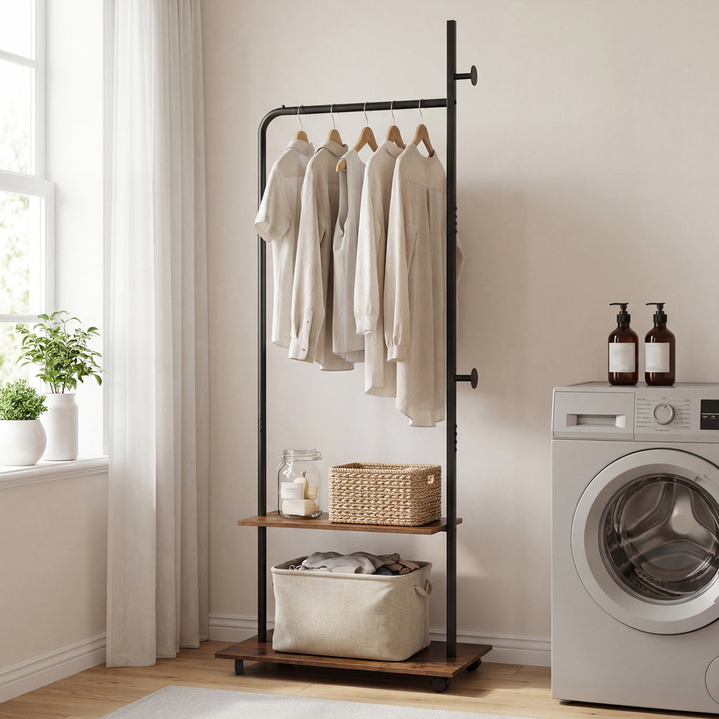 Freestanding Clothing Rack with Wheels & Shelves, Rustic Brown
