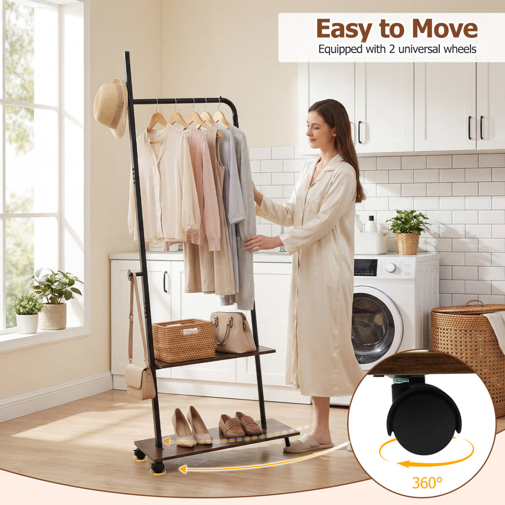 Freestanding Clothing Rack with Wheels & Shelves, Rustic Brown