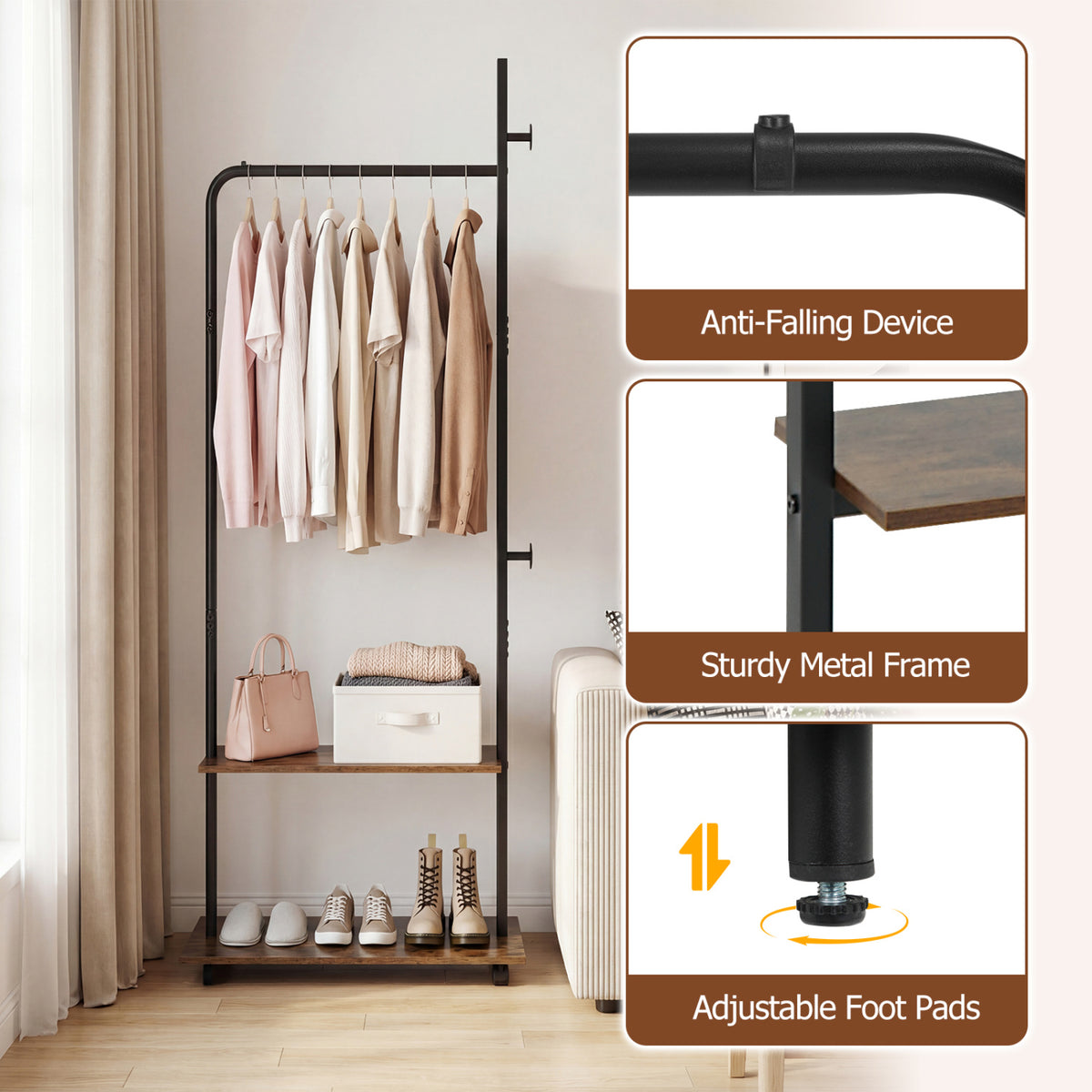 Freestanding Clothing Rack with Wheels & Shelves, Rustic Brown