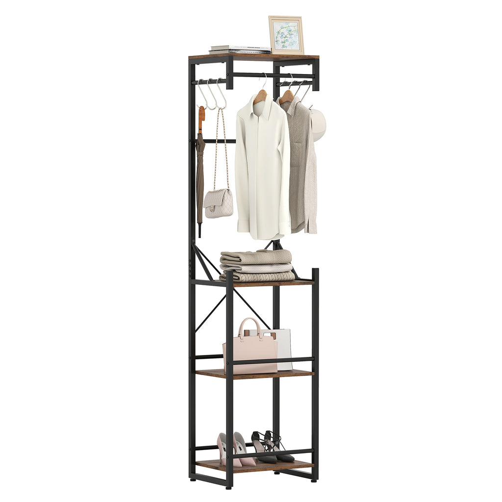 Freestanding Coat Rack with 4 Shelves and 6 Hooks - Rustic Brown