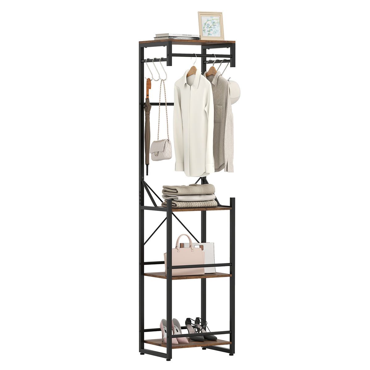 Freestanding Coat Rack with 4 Shelves and 6 Hooks - Rustic Brown