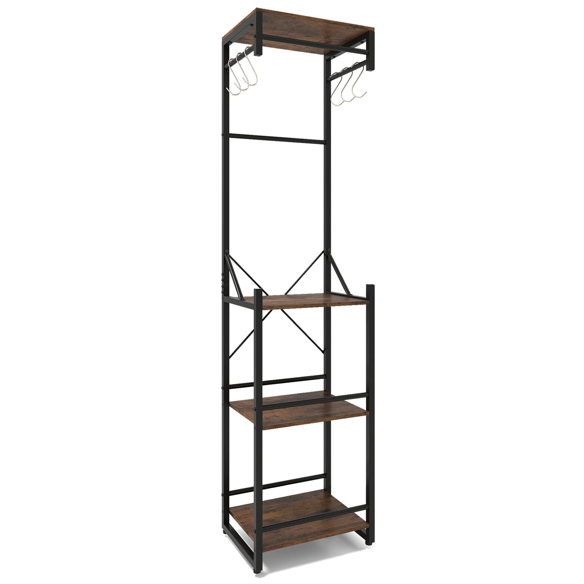 Freestanding Coat Rack with 4 Shelves and 6 Hooks - Rustic Brown