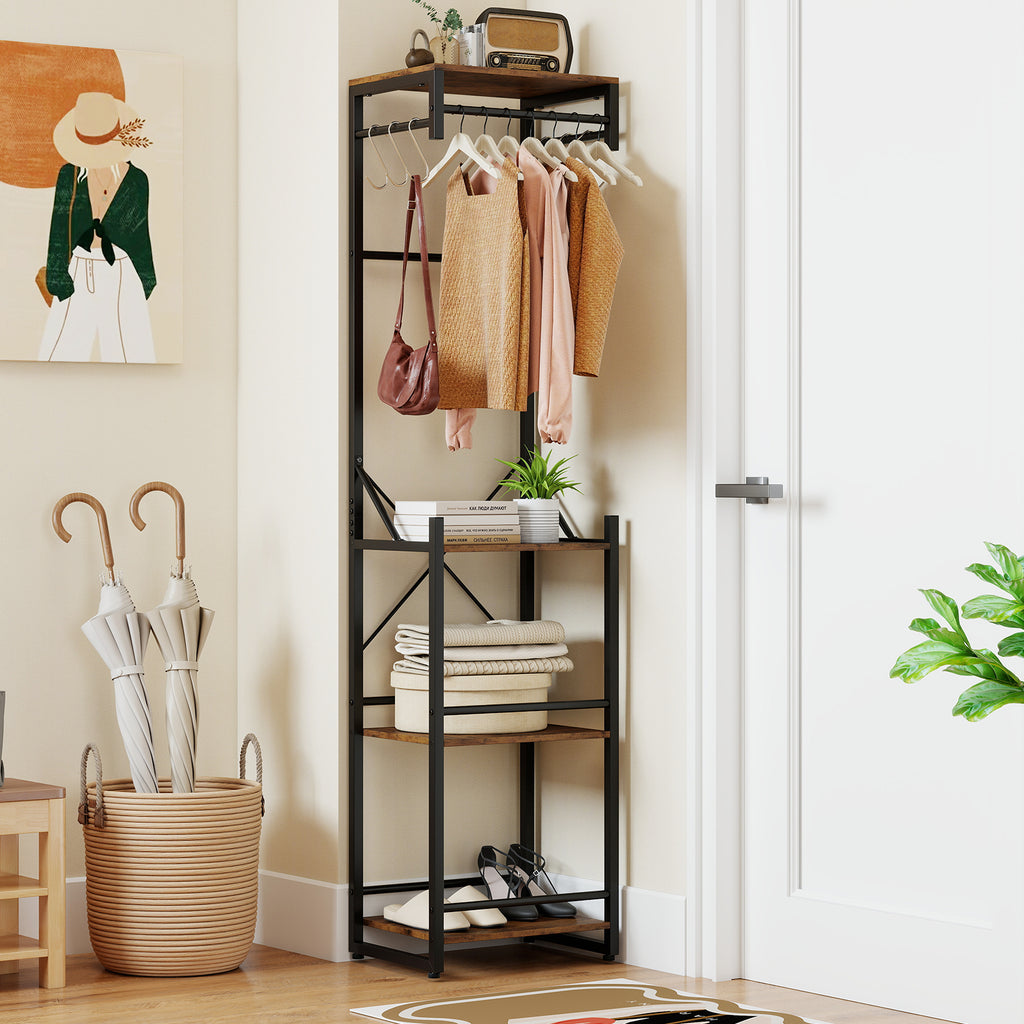 Freestanding Coat Rack with 4 Shelves and 6 Hooks - Rustic Brown