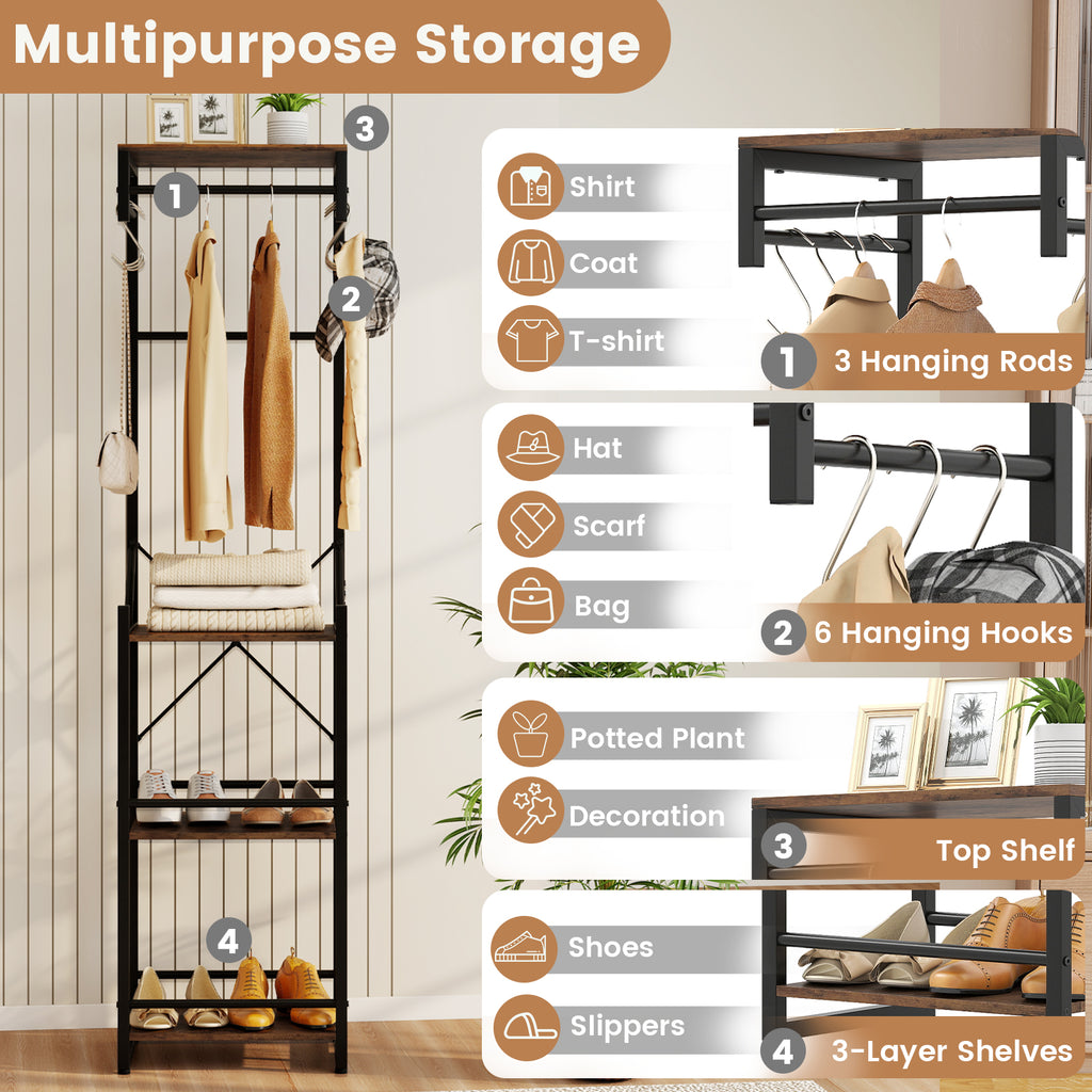 Freestanding Coat Rack with 4 Shelves and 6 Hooks - Rustic Brown