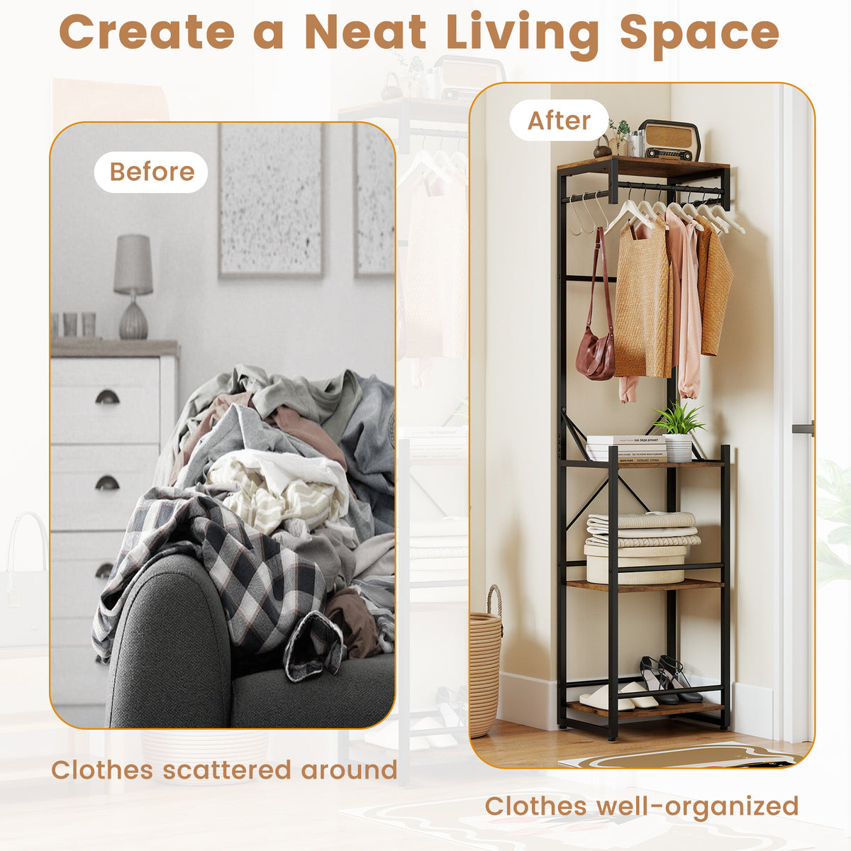 Freestanding Coat Rack with 4 Shelves and 6 Hooks - Rustic Brown