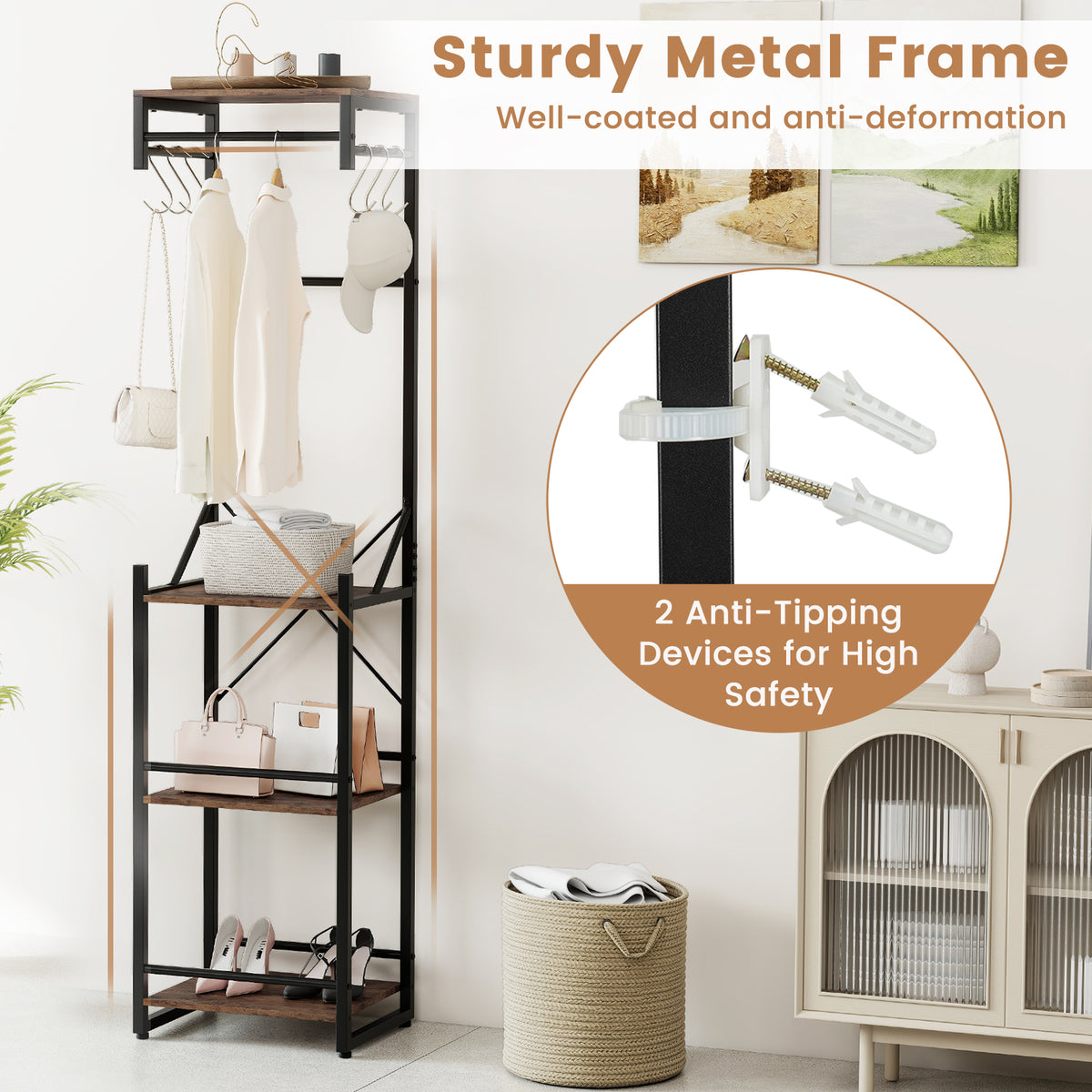 Freestanding Coat Rack with 4 Shelves and 6 Hooks - Rustic Brown